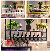 Industriale 2 livelli legno mensola del vino Rack calici di vetro di scaffalature metalliche telaio in ferro decorazione del soffitto Mensola con luce calda for i vini Bicchieri Tazze Home Decor Nero