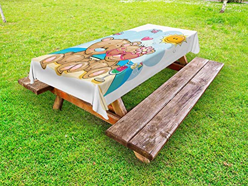 ABAKUHAUS Funny Bear Tovaglia da Esterno, Orsi romantici sulla Spiaggia, Tovaglia da Picnic Lavabile Decorativa, 145 cm x 265 cm, Multicolore