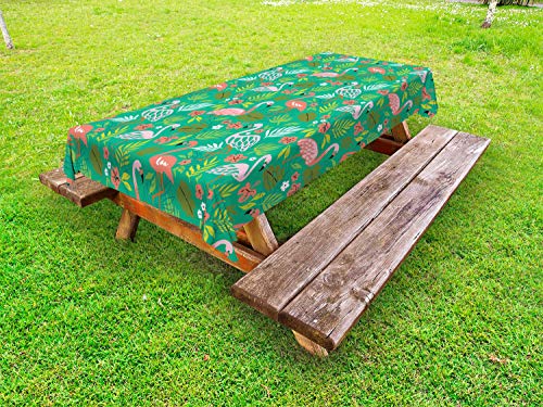 ABAKUHAUS Tropicale Tovaglia da Esterno, Caribbean Botanica Flamingos, Tovaglia da Picnic Lavabile Decorativa, 145 cm x 265 cm, Sea Green Salmon