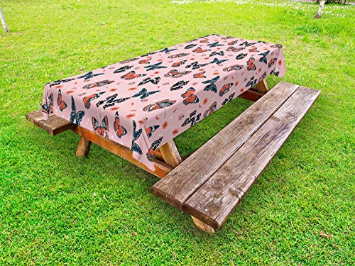 ABAKUHAUS Falena Tovaglia da Esterno, Volo di Farfalle Design Art, Tovaglia da Picnic Lavabile Decorativa, 145 cm x 265 cm, Rosa Salmone e Blu Scuro