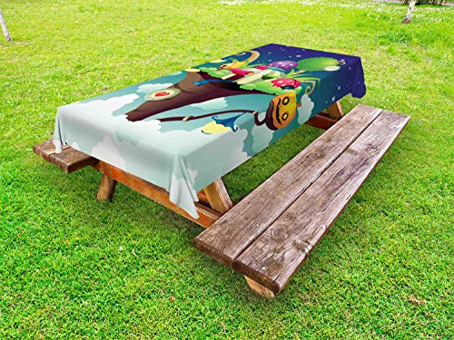 ABAKUHAUS Birdhouse Tovaglia da Esterno, Magia Nest Tenda di Zucca, Tovaglia da Picnic Lavabile Decorativa, 145 cm x 210 cm, Multicolore