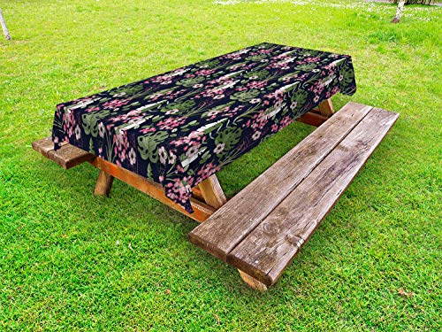 ABAKUHAUS Hawaii Tovaglia da Esterno, Foglie di Palma Fiori, Tovaglia da Picnic Lavabile Decorativa, 145 cm x 265 cm, Olive Green Rosa Pallido