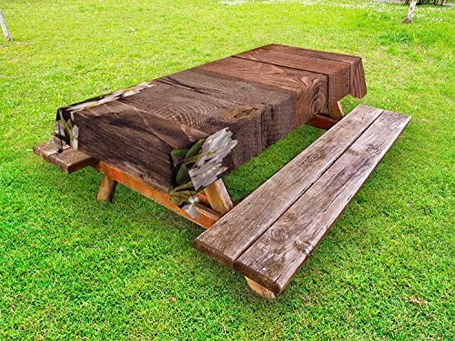 ABAKUHAUS Legno Rustico Tovaglia da Esterno, Bianco Bloom Arrangement, Tovaglia da Picnic Lavabile Decorativa, 145 cm x 305 cm, Brown Avorio e Verde