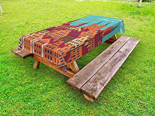 ABAKUHAUS Amsterdam Tovaglia da Esterno, Vertical Retro Edifici, Tovaglia da Picnic Lavabile Decorativa, 145 cm x 210 cm, Terra di Siena bruciata Blue Sea