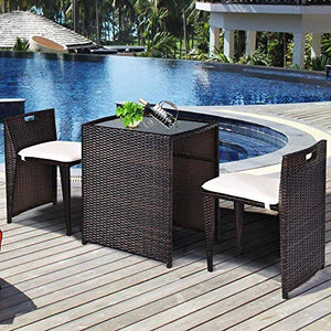 YRRA 3 PCS Outdoor Rattan Set da Pranzo Set da Patio Set di Conversazione del Patio Set di bistrot con tavolino in Vetro temperato Patio Sedia in Vimini Sedia mobili con Cuscini (Marrone)