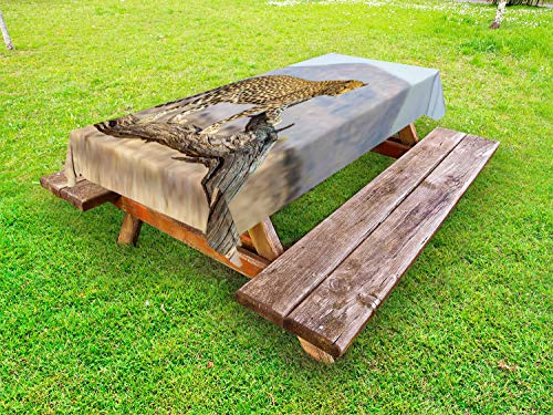 ABAKUHAUS Leopardo Tovaglia da Esterno, Offuscata Fierce Sfondo, Tovaglia da Picnic Lavabile Decorativa, 145 cm x 305 cm, Multicolore