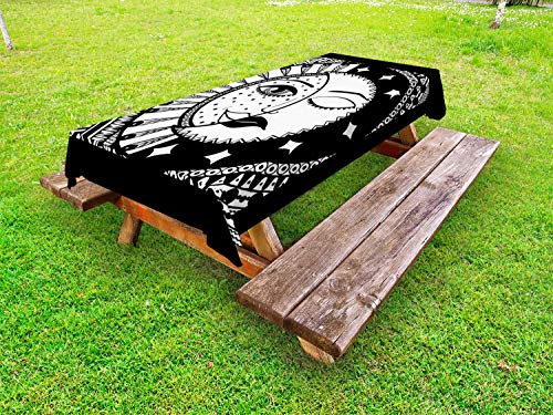 ABAKUHAUS Luna Raggi Tovaglia da Esterno, Crescent a Tema, Tovaglia da Picnic Lavabile Decorativa, 145 cm x 265 cm, Charcoal Grey Bianco