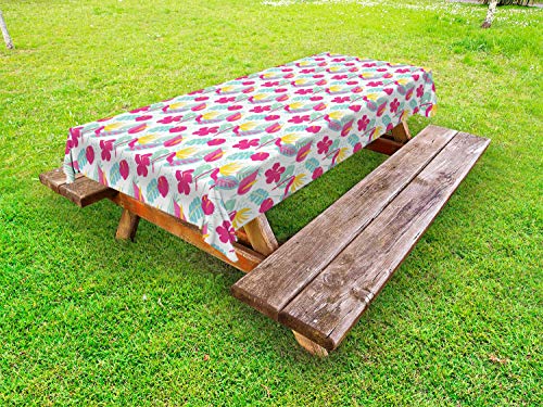 ABAKUHAUS Tropicale Tovaglia da Esterno, Fiori e Foglie di Palma, Tovaglia da Picnic Lavabile Decorativa, 145 cm x 265 cm, Pallido Seafoam Mint Green