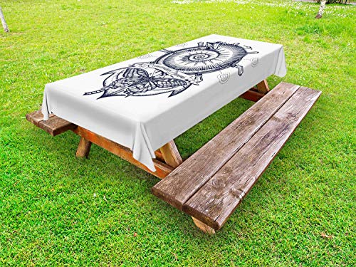 ABAKUHAUS Marino Tovaglia da Esterno, Shell Anchor Farfalla Wheel, Tovaglia da Picnic Lavabile Decorativa, 145 cm x 265 cm, Dark Night Blu Avorio