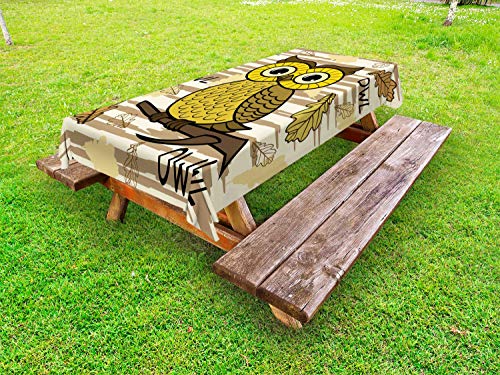 ABAKUHAUS Owl Stampa Tovaglia da Esterno, Foglie d'Autunno calligrafici, Tovaglia da Picnic Lavabile Decorativa, 145 cm x 210 cm, Taupe Arancione Avorio