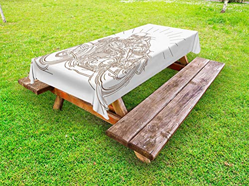ABAKUHAUS Motociclo Tovaglia da Esterno, Outline Design Racer, Tovaglia da Picnic Lavabile Decorativa, 145 cm x 210 cm, Taupe e Bianco