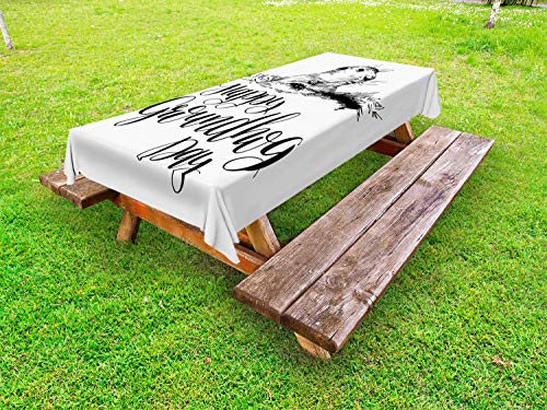 ABAKUHAUS Groundhog Day Collection Tovaglia da Esterno, Calligrafia Marmot, Tovaglia da Picnic Lavabile Decorativa, 145 cm x 210 cm, Charcoal Grey Bianco