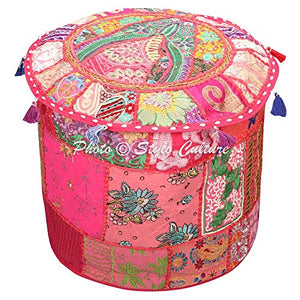 Stylo Culture Ottomane Copertura del Pouf Poggiapiedi Vintage Large Copertura Rosa Indian Ricamato Patchwork Cotone Pouf Rotondo Tradizionale Tessuto Pouf Copertura (22x22x13 inch) 55cm