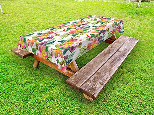 ABAKUHAUS Floreale Tovaglia da Esterno, Foglie e Fiori hawaiani, Tovaglia da Picnic Lavabile Decorativa, 145 cm x 305 cm, Multicolore