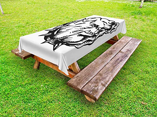 ABAKUHAUS Bulldog Tovaglia da Esterno, Grafica Monocromatica Immagine, Tovaglia da Picnic Lavabile Decorativa, 145 cm x 305 cm, Charcoal Grey Bianco