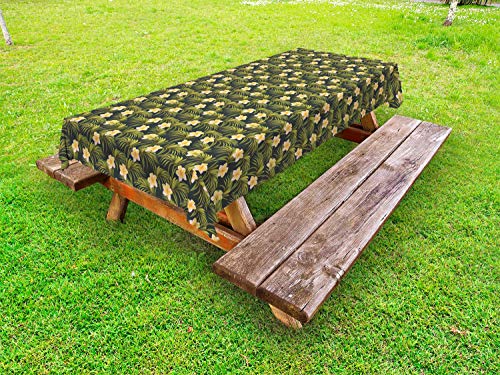 ABAKUHAUS Floreale Tovaglia da Esterno, Foglie di Palma Summer Flowers, Tovaglia da Picnic Lavabile Decorativa, 145 cm x 305 cm, Olive Green Peach
