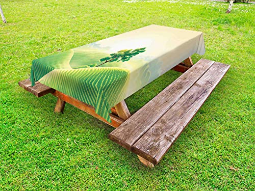 ABAKUHAUS Paesaggio Tovaglia da Esterno, Alba su Rural Valley, Tovaglia da Picnic Lavabile Decorativa, 145 cm x 305 cm, Crema Fern Green