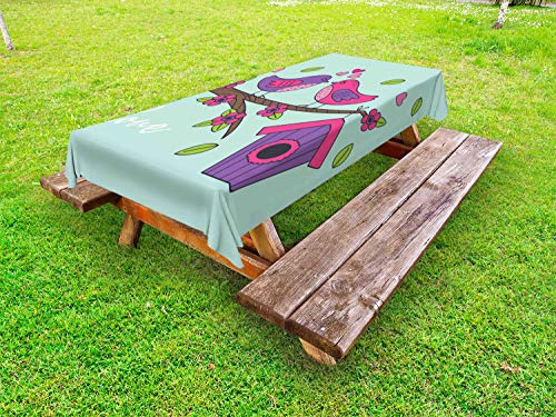 ABAKUHAUS Birdshouse Tovaglia da Esterno, San Valentino Amore Fiori, Tovaglia da Picnic Lavabile Decorativa, 145 cm x 210 cm, Blu Multicolor