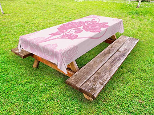 ABAKUHAUS Vintage Valentine Tovaglia da Esterno, Rose in Cuore, Tovaglia da Picnic Lavabile Decorativa, 145 cm x 265 cm, Rosa Baby Pink