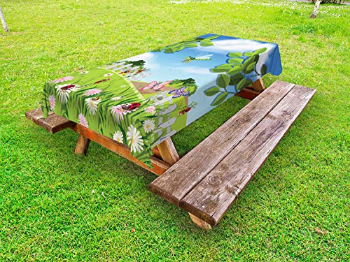 ABAKUHAUS Fiori Insetti Tovaglia da Esterno, Scene di Primavera, Tovaglia da Picnic Lavabile Decorativa, 145 cm x 210 cm, Azzurro Blu Multicolor
