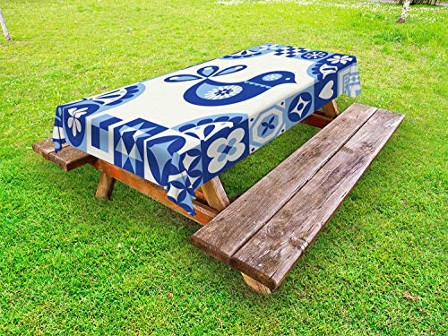 ABAKUHAUS Arte Popolare Tovaglia da Esterno, Azulejo con Bird, Tovaglia da Picnic Lavabile Decorativa, 145 cm x 265 cm, Violet Azzurro Blu