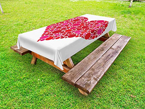 ABAKUHAUS Amore Tovaglia da Esterno, Dots Cuori Motivo Romantico, Tovaglia da Picnic Lavabile Decorativa, 145 cm x 305 cm, Bianco Magenta Vermilion