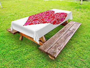 ABAKUHAUS Amore Tovaglia da Esterno, Dots Cuori Motivo Romantico, Tovaglia da Picnic Lavabile Decorativa, 145 cm x 305 cm, Bianco Magenta Vermilion