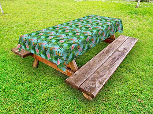 ABAKUHAUS Tropicale Tovaglia da Esterno, Flamingos Foglie Modello, Tovaglia da Picnic Lavabile Decorativa, 145 cm x 305 cm, Cielo Azzurro Fern Green
