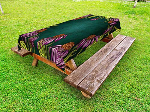 ABAKUHAUS Echinacea Tovaglia da Esterno, Ornate Floral Frame Come, Tovaglia da Picnic Lavabile Decorativa, 145 cm x 265 cm, Pallida Fucsia e Dark Teal