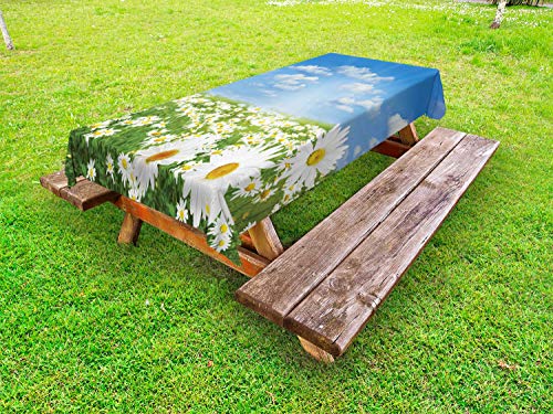 ABAKUHAUS Camomilla Tovaglia da Esterno, Margherita, Primavera Prato, Tovaglia da Picnic Lavabile Decorativa, 145 cm x 210 cm, Blu Verde