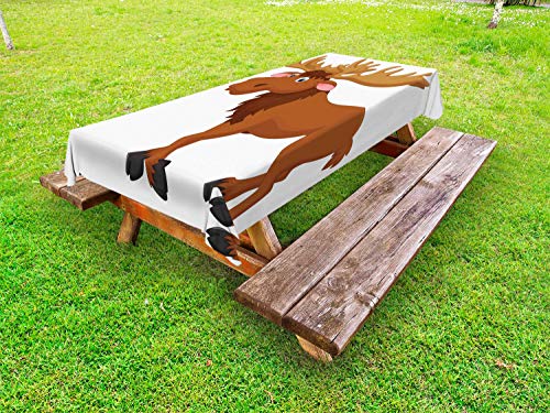 ABAKUHAUS Cartone Animato Tovaglia da Esterno, Funny Moose o Elk Sorridente, Tovaglia da Picnic Lavabile Decorativa, 145 cm x 265 cm, Cannella Bianco