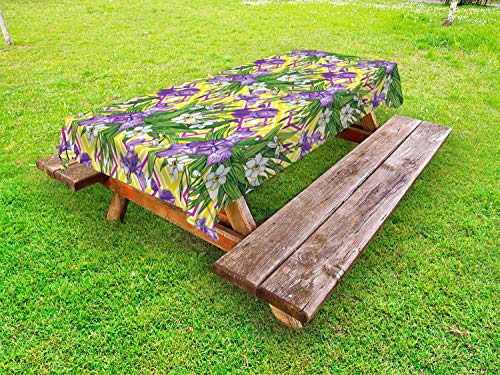 ABAKUHAUS Verde e Viola Tovaglia da Esterno, Iris e Narciso, Tovaglia da Picnic Lavabile Decorativa, 145 cm x 265 cm, Multicolore