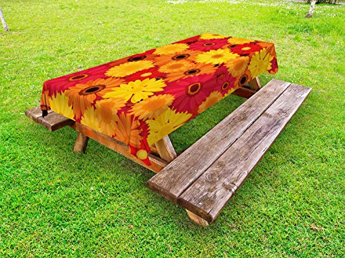 ABAKUHAUS Gerber Daisy Tovaglia da Esterno, Warm Tones Fiori, Tovaglia da Picnic Lavabile Decorativa, 145 cm x 210 cm, Multicolore