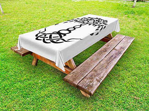 ABAKUHAUS Celtico Tovaglia da Esterno, Irish Folklore Elementi, Tovaglia da Picnic Lavabile Decorativa, 145 cm x 305 cm, Charcoal Grey And White