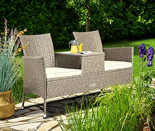 Casaria Panchina da Giardino Polyrattan 2 Posti Tavolino Vetro Cuscini Idrorepellenti 7cm Tortora