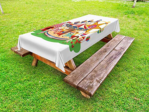 ABAKUHAUS Circo Tovaglia da Esterno, Clown e Bambini Divertimento Arte, Tovaglia da Picnic Lavabile Decorativa, 145 cm x 305 cm, Bianco Multicolor
