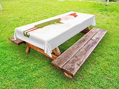 ABAKUHAUS Elfo Tovaglia da Esterno, Felice Vecchia Signora Lettura di Un Elenco, Tovaglia da Picnic Lavabile Decorativa, 145 cm x 265 cm, Bianco Verde Oliva Salmon