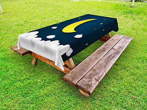 ABAKUHAUS Asilo Tovaglia da Esterno, Half Moon Nuvole e Stelle, Tovaglia da Picnic Lavabile Decorativa, 145 cm x 265 cm, Terra Giallo Scuro Teal