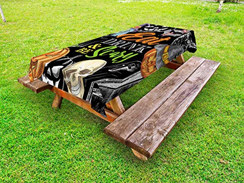 ABAKUHAUS Halloween Tovaglia da Esterno, Eat Drink e Fare Paura, Tovaglia da Picnic Lavabile Decorativa, 145 cm x 305 cm, Charcoal Grigio Multicolore