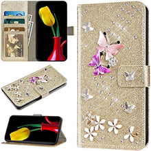 Custodia Compatibile con Samsung Galaxy J6 2018 Cover Sparkle Bling Diamante e Farfalla Pelle PU Portafoglio Libretto Magnetica Cover Brillante Fiore Libro Folio Flip Cover Silicone Cover Oro