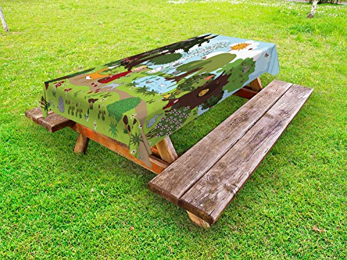 ABAKUHAUS Cartone Animato Tovaglia da Esterno, Foresta Colorata Amici, Tovaglia da Picnic Lavabile Decorativa, 145 cm x 305 cm, Cielo Azzurro Smeraldo