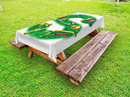 ABAKUHAUS Christmas Alphabet Tovaglia da Esterno, Lettera di S Art, Tovaglia da Picnic Lavabile Decorativa, 145 cm x 265 cm, Bianco Verde