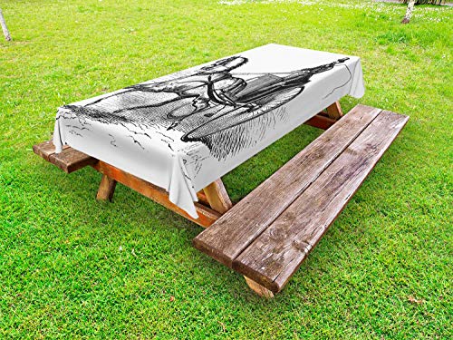 ABAKUHAUS Western Horse Tovaglia da Esterno, 2 Ruote del Carrello, Tovaglia da Picnic Lavabile Decorativa, 145 cm x 305 cm, Charcoal Grey And White