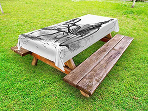 ABAKUHAUS Western Horse Tovaglia da Esterno, 2 Ruote del Carrello, Tovaglia da Picnic Lavabile Decorativa, 145 cm x 305 cm, Charcoal Grey And White