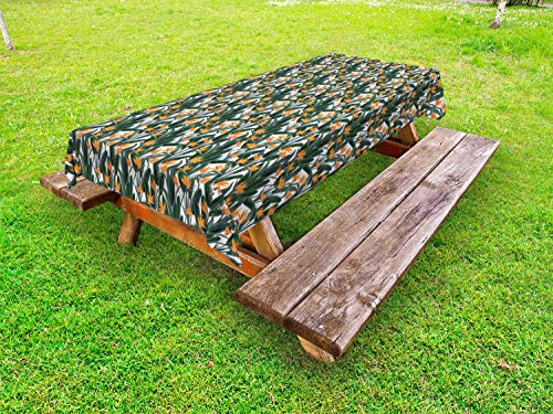 ABAKUHAUS Tropicale Tovaglia da Esterno, Leafy Art Bird of Paradise, Tovaglia da Picnic Lavabile Decorativa, 145 cm x 305 cm, Hunter Verde Marigold