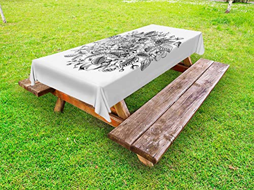 ABAKUHAUS Vintage Botanica Tovaglia da Esterno, Monotono Garden Art, Tovaglia da Picnic Lavabile Decorativa, 145 cm x 305 cm, Charcoal Grey And White