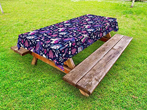 ABAKUHAUS Asilo Tovaglia da Esterno, Unicorni Stars Hearts Arte, Tovaglia da Picnic Lavabile Decorativa, 145 cm x 305 cm, Rosa Blu Viola Indigo