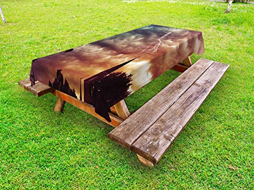 ABAKUHAUS Tempesta Tovaglia da Esterno, Nubi e Bolt sul Centro, Tovaglia da Picnic Lavabile Decorativa, 145 cm x 305 cm, Castano Multicolor