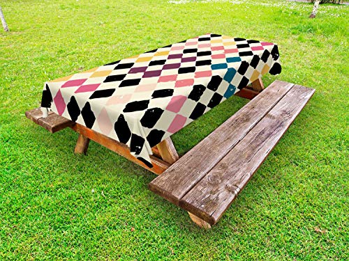 ABAKUHAUS Astratto Tovaglia da Esterno, Forme Geometriche Avantgarde, Tovaglia da Picnic Lavabile Decorativa, 145 cm x 305 cm, Crema e Multicolore