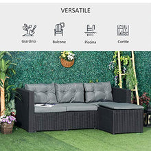 Outsunny Set Mobili da Giardino in Rattan PE Divano 3 Posti e Poggiapiedi/Tavolino, Cuscini Sfoderabili, Nero Grigio